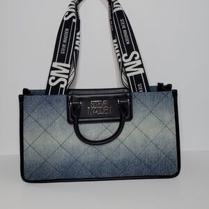 Steve Madden Denim Quilted Tote with Logo Straps